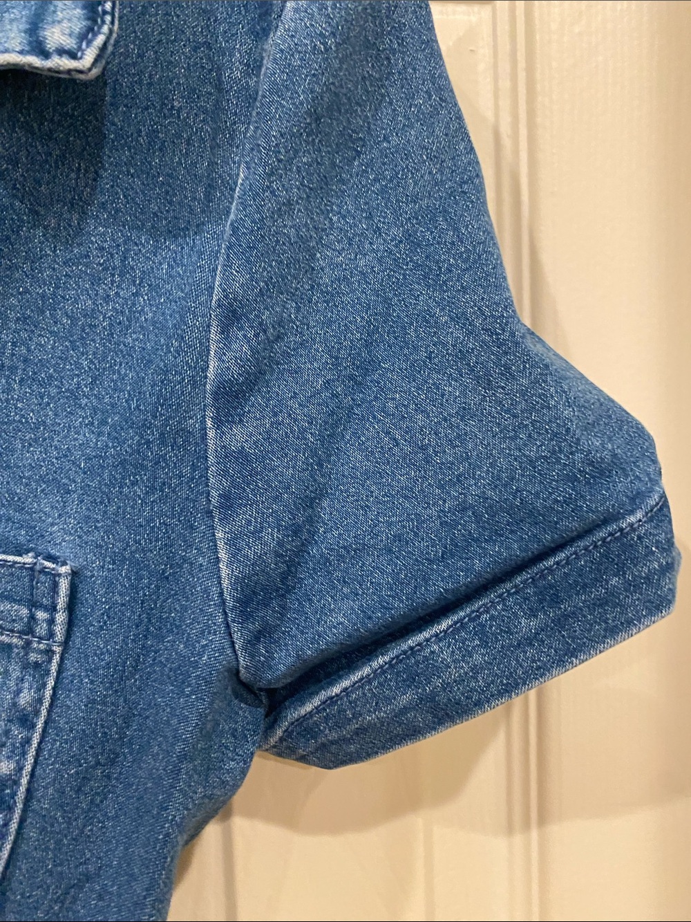Haute Monde Blue Denim Short Sleeve Jumpsuit with Belt - Picture 8 of 9